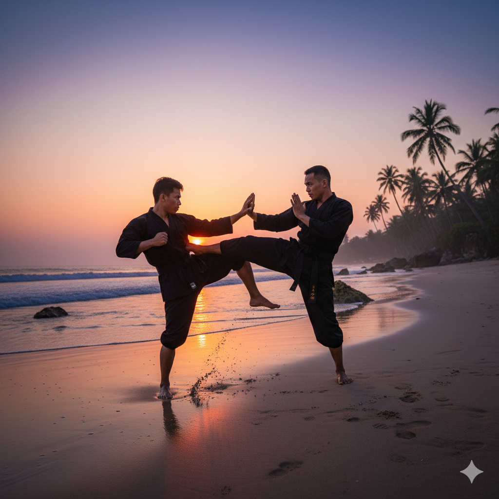 Dua pesilat berlatih teknik serang bela